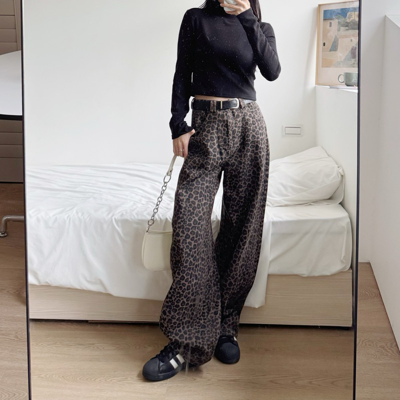 美式辣妹🐆!!豹紋/迷彩直筒落地寬褲(3色/S-L)附皮帶!