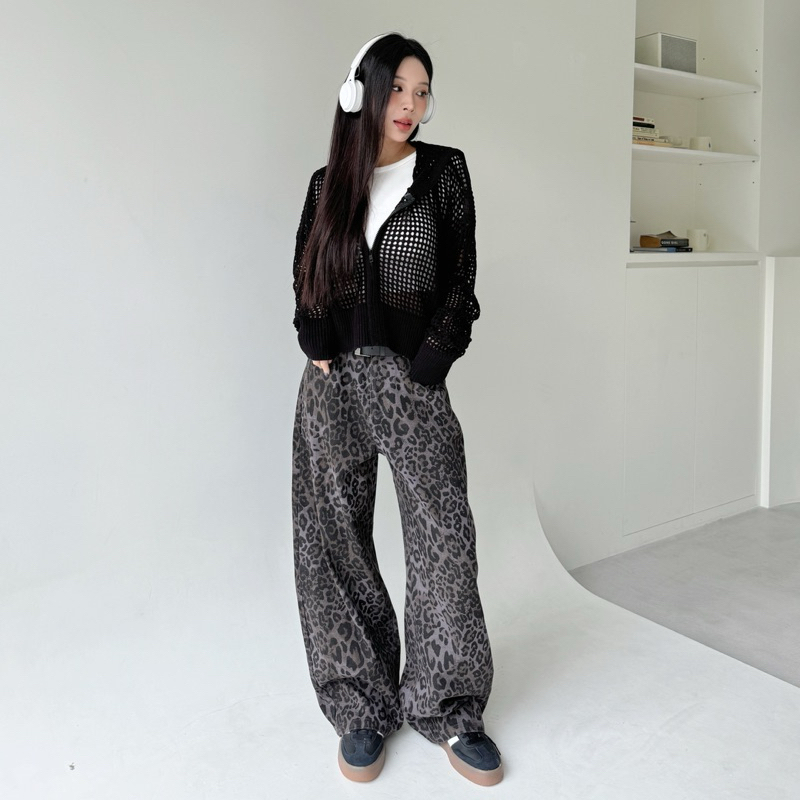 美式辣妹🐆!!豹紋/迷彩直筒落地寬褲(3色/S-L)附皮帶!