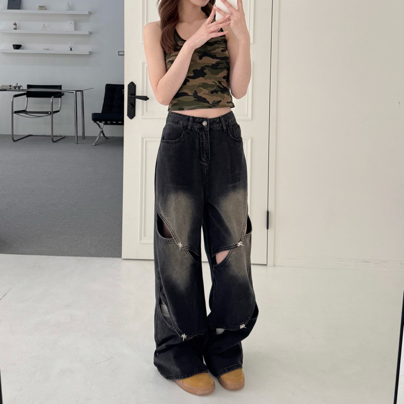 芒星銀釦💫仿舊破洞牛仔落地褲(S-L)