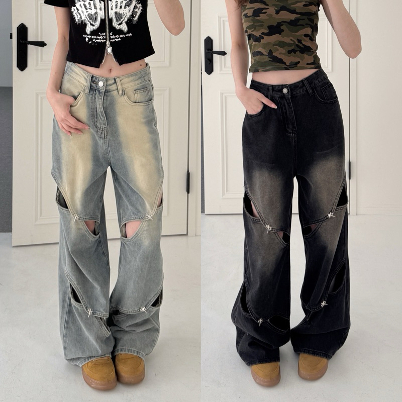 芒星銀釦💫仿舊破洞牛仔落地褲(S-L)