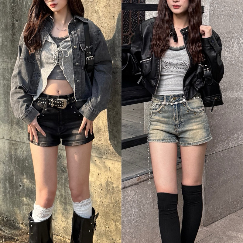 走出小紅書🖤復古卯釘彈性牛仔短褲(3色/S-L)