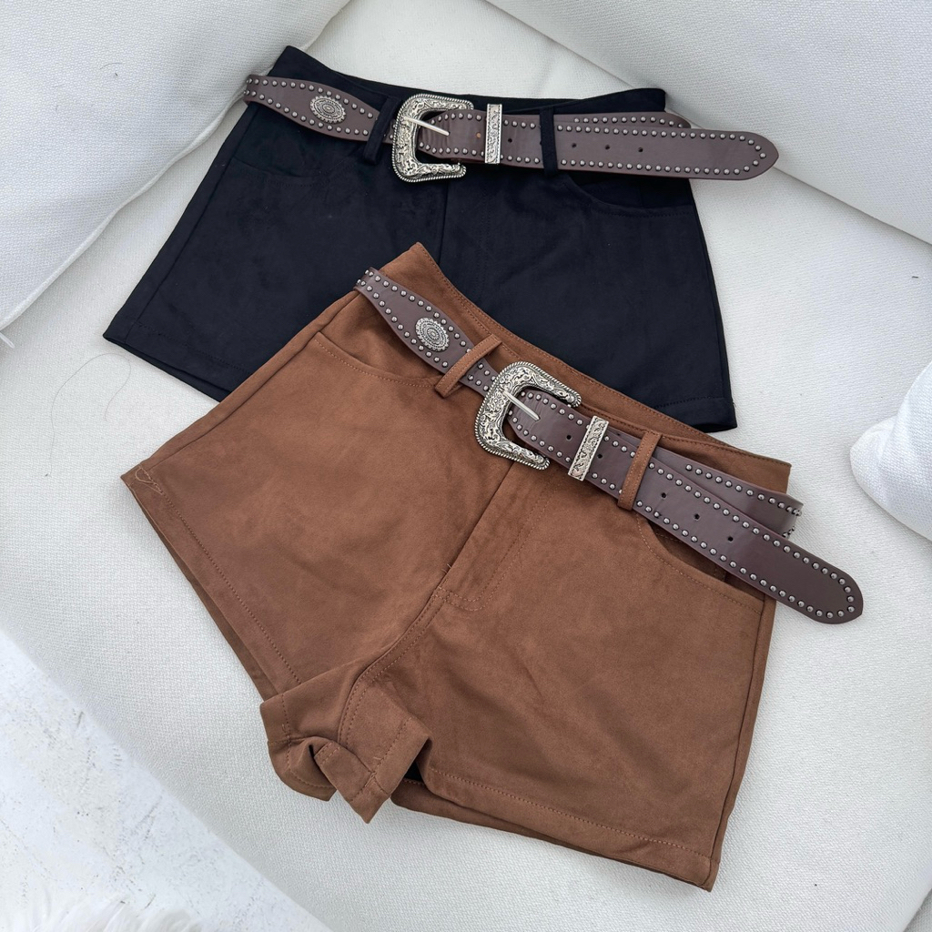 秋天風暴🍂辣妹質感麂皮短褲(2色/S-L)贈皮帶!!