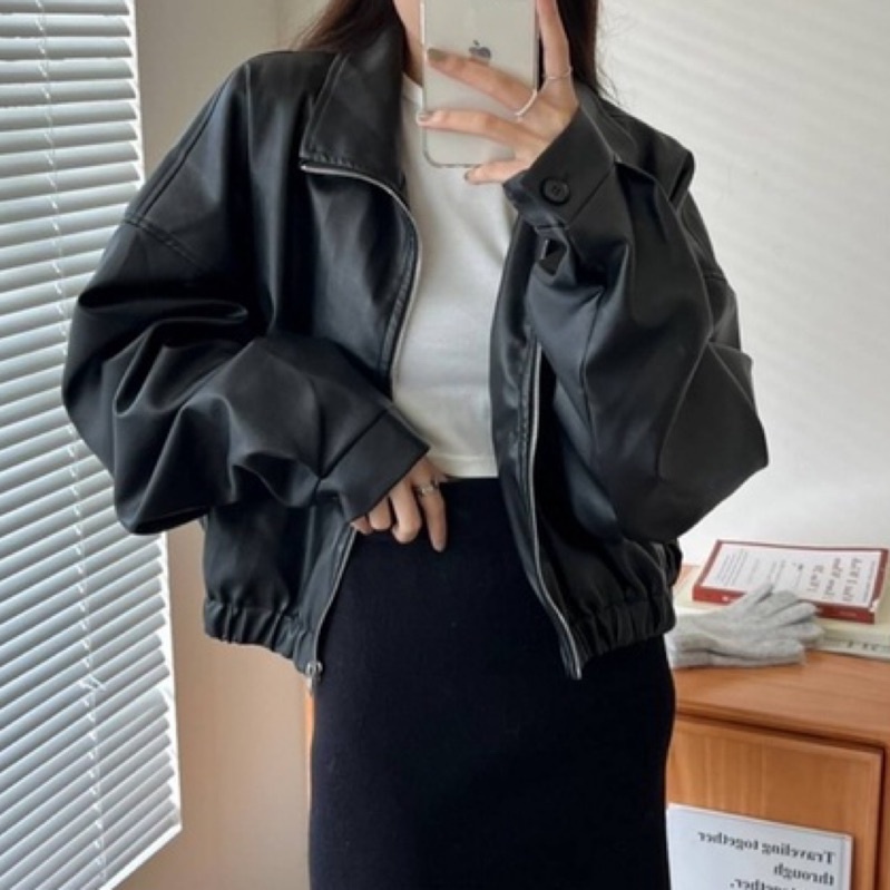 短版‼️可鹽可甜率性 翻領皮外套(4色)