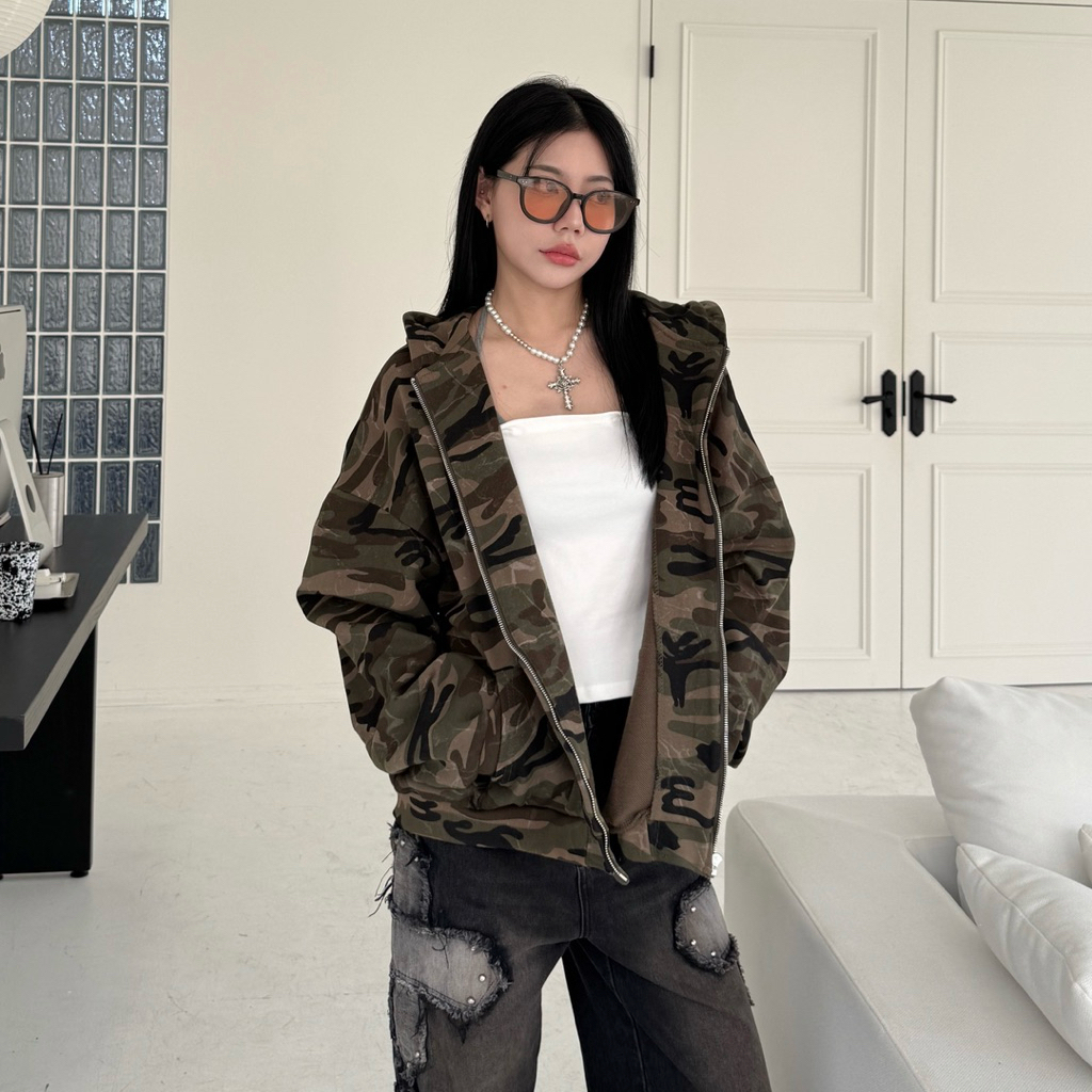迷彩show✨大口袋拉鏈連帽外套(尺寸F)