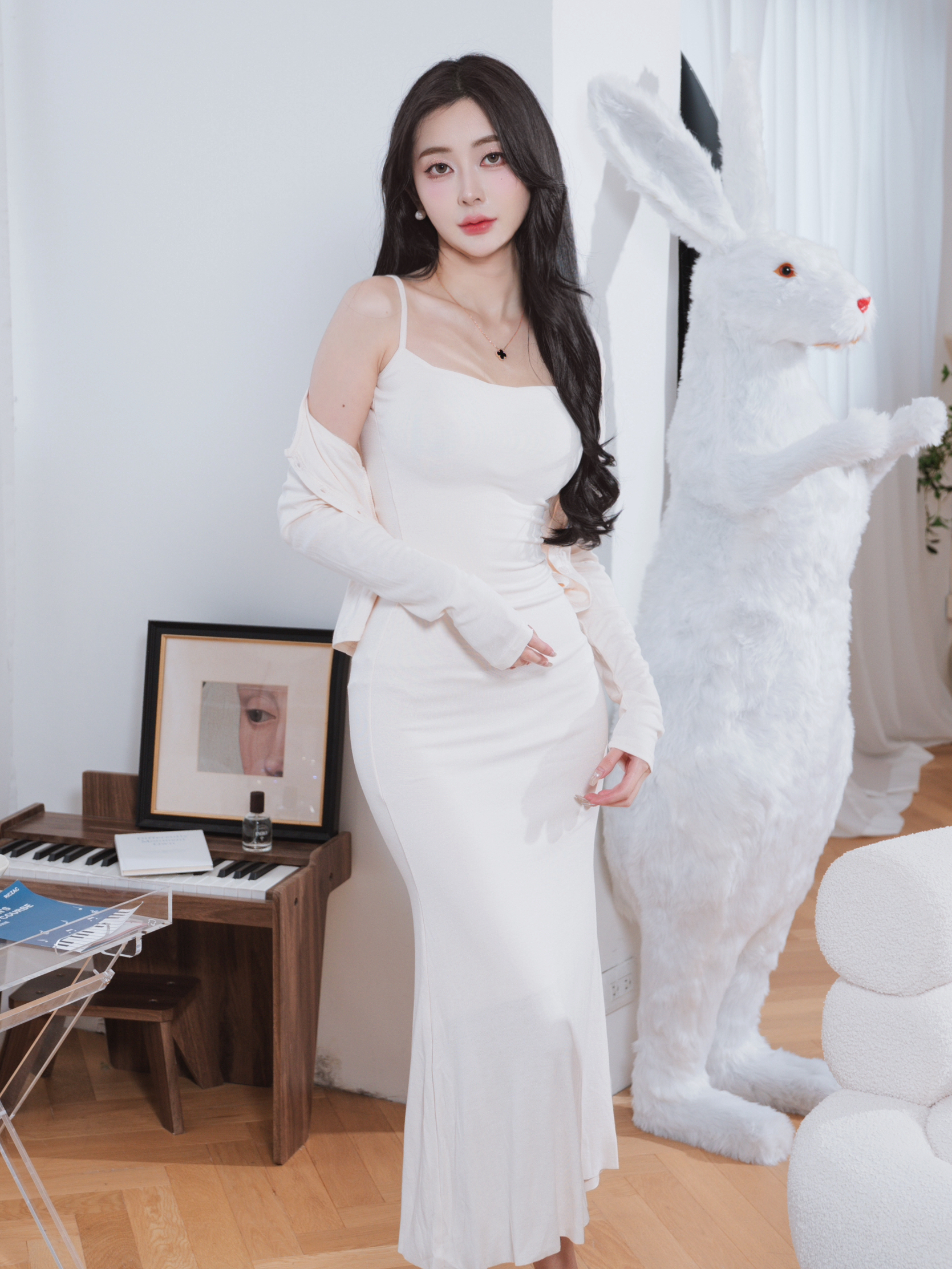 🤍細肩帶長洋裝＋外套兩件式（米白色均碼）