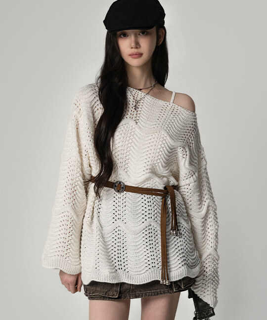 NOIRMUTE PUNCHING BOAT NECK KNIT BELT SET