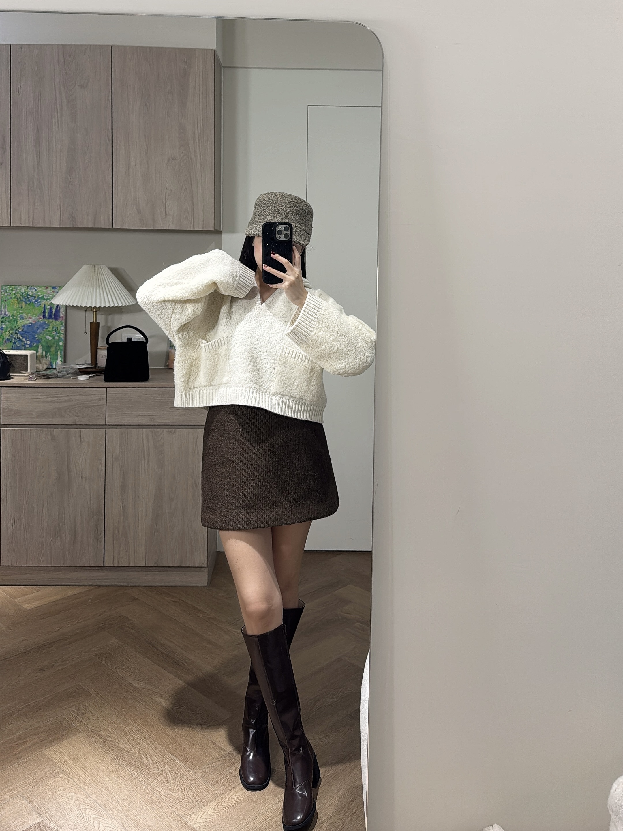 J34 低腰羊毛短裙S/M（白/咖）
