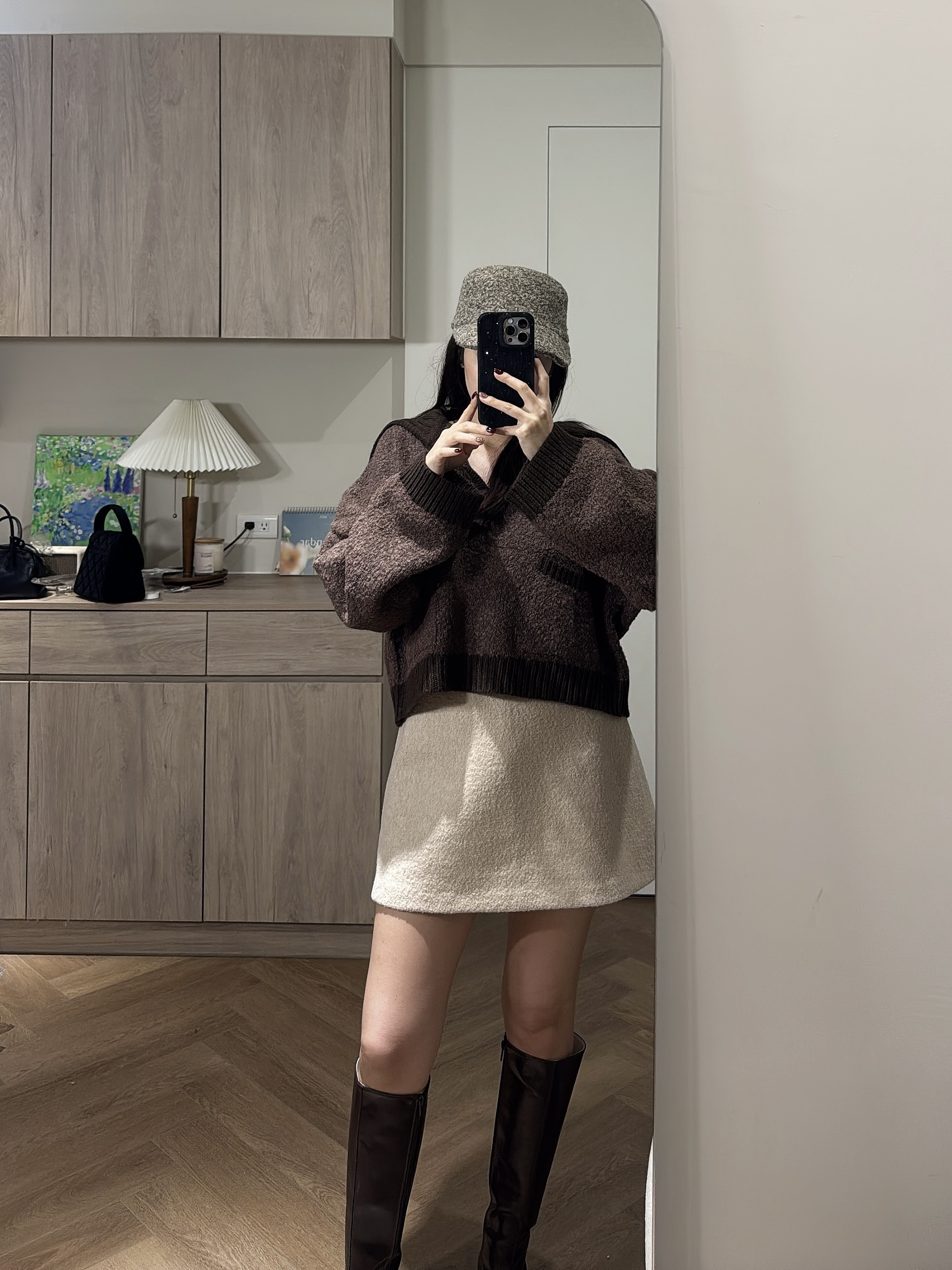 Q08 大翻領拼接羊毛針織 (米白/咖/藍)