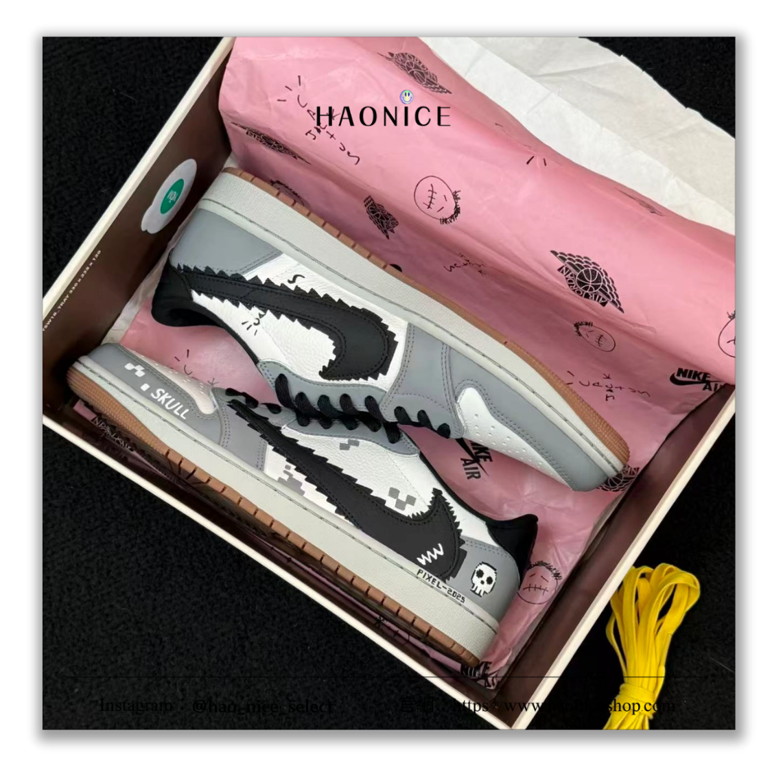 【HAO NICE】惡作劇訂製款🔥Air Jordan 1 x Travis Scott 骷髏頭 像素遊戲風 黑灰倒勾 板鞋 籃球鞋