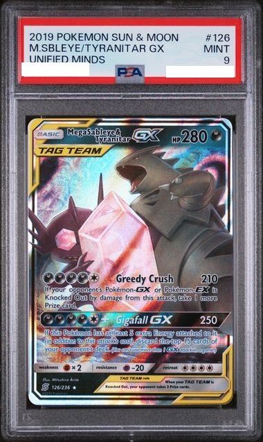 [PSA 9] 2019 POKEMON SUN & MOON UNIFIED MINDS #126 M.SBLEYE/TYRANITAR GX UNIFIED MINDS