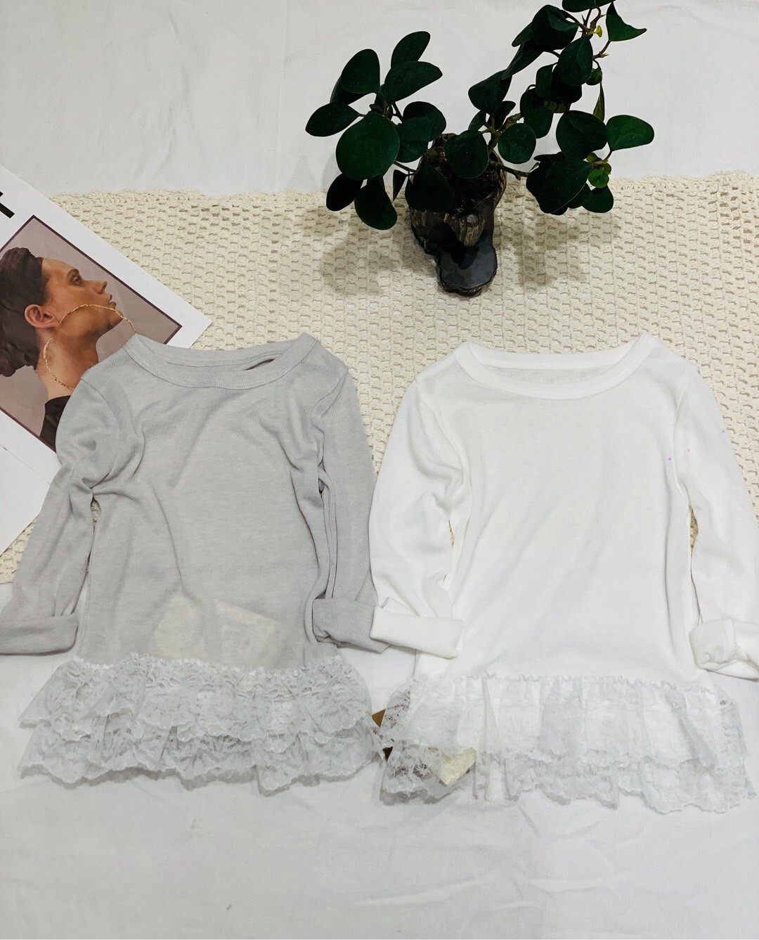 奶油雙層蕾絲上衣