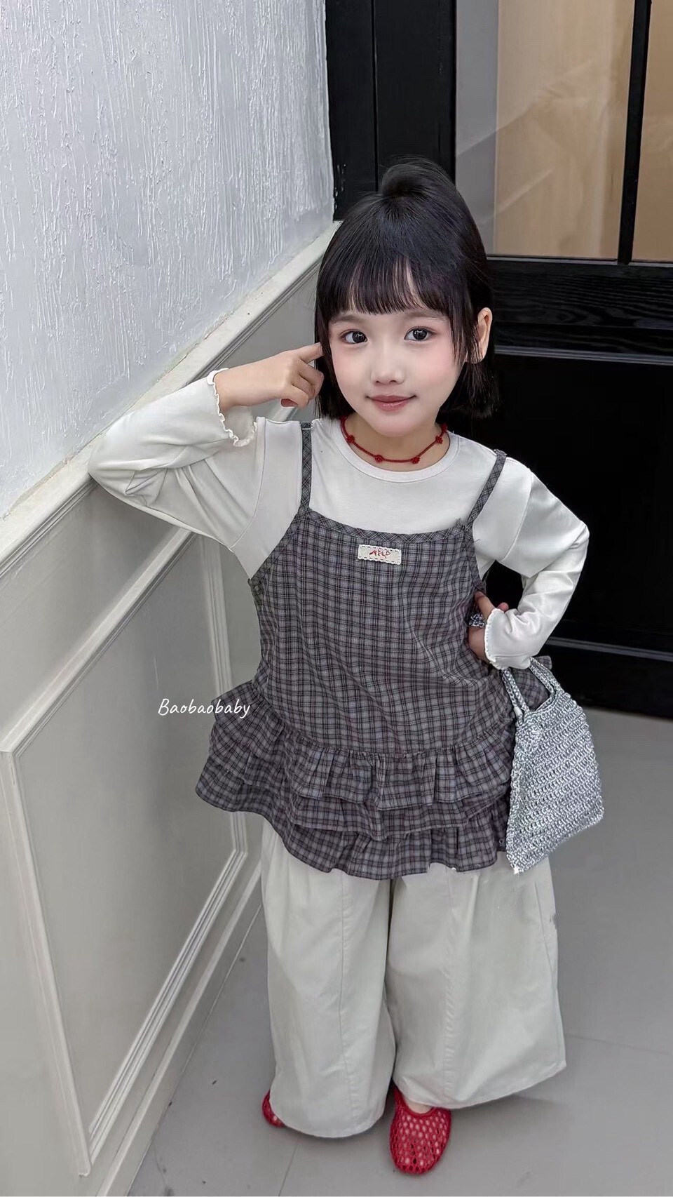 小格紋三層荷葉背心套裝