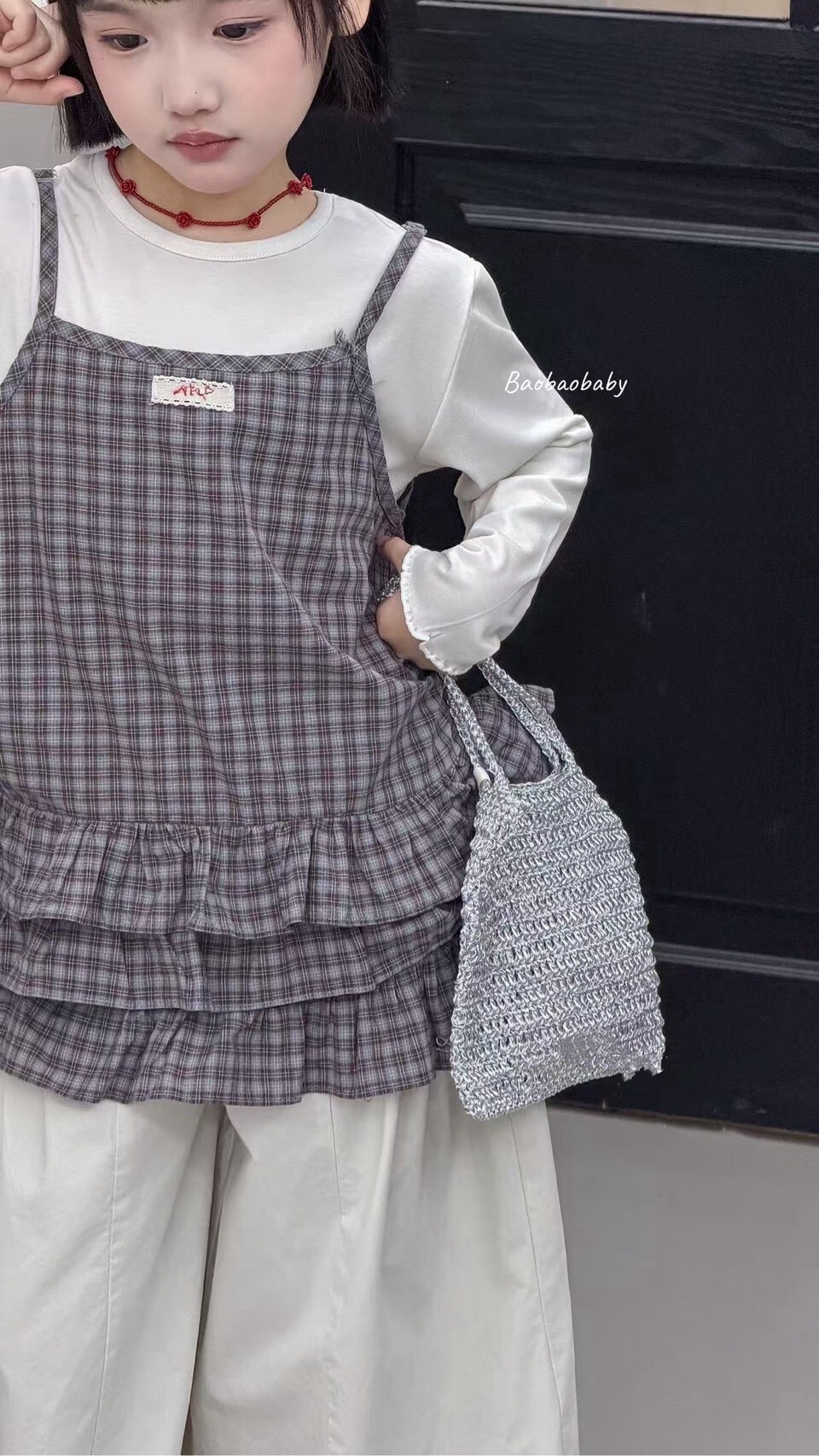 小格紋三層荷葉背心套裝