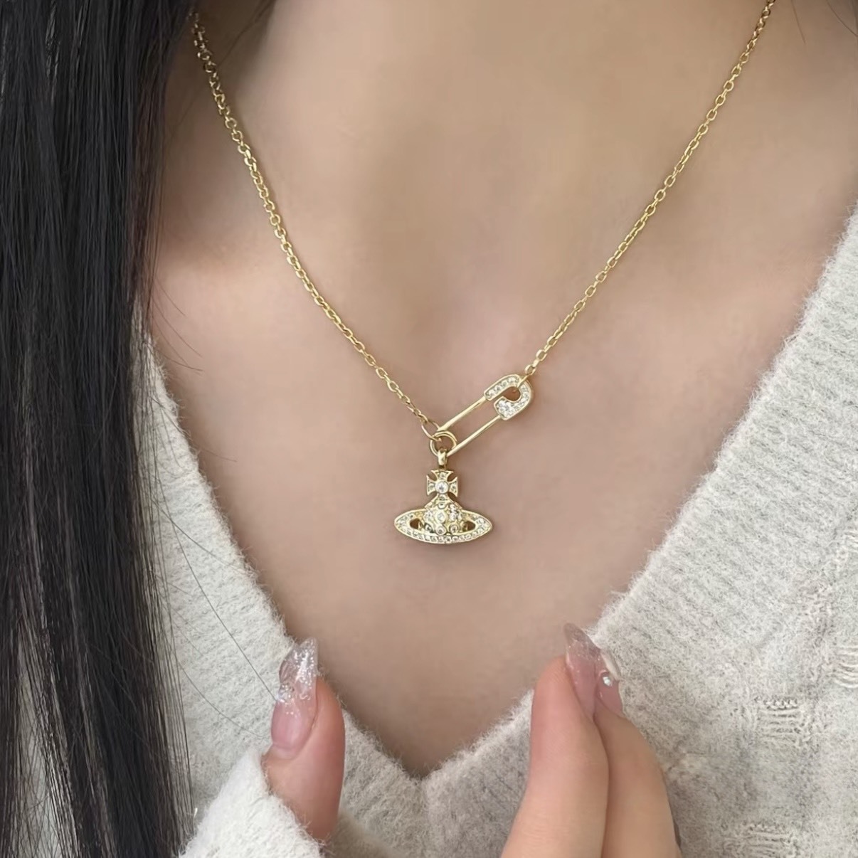 VIVIENNE WESTWOOD 球形別針 滿鑽鑲嵌 粗鏈條 項鍊銀色