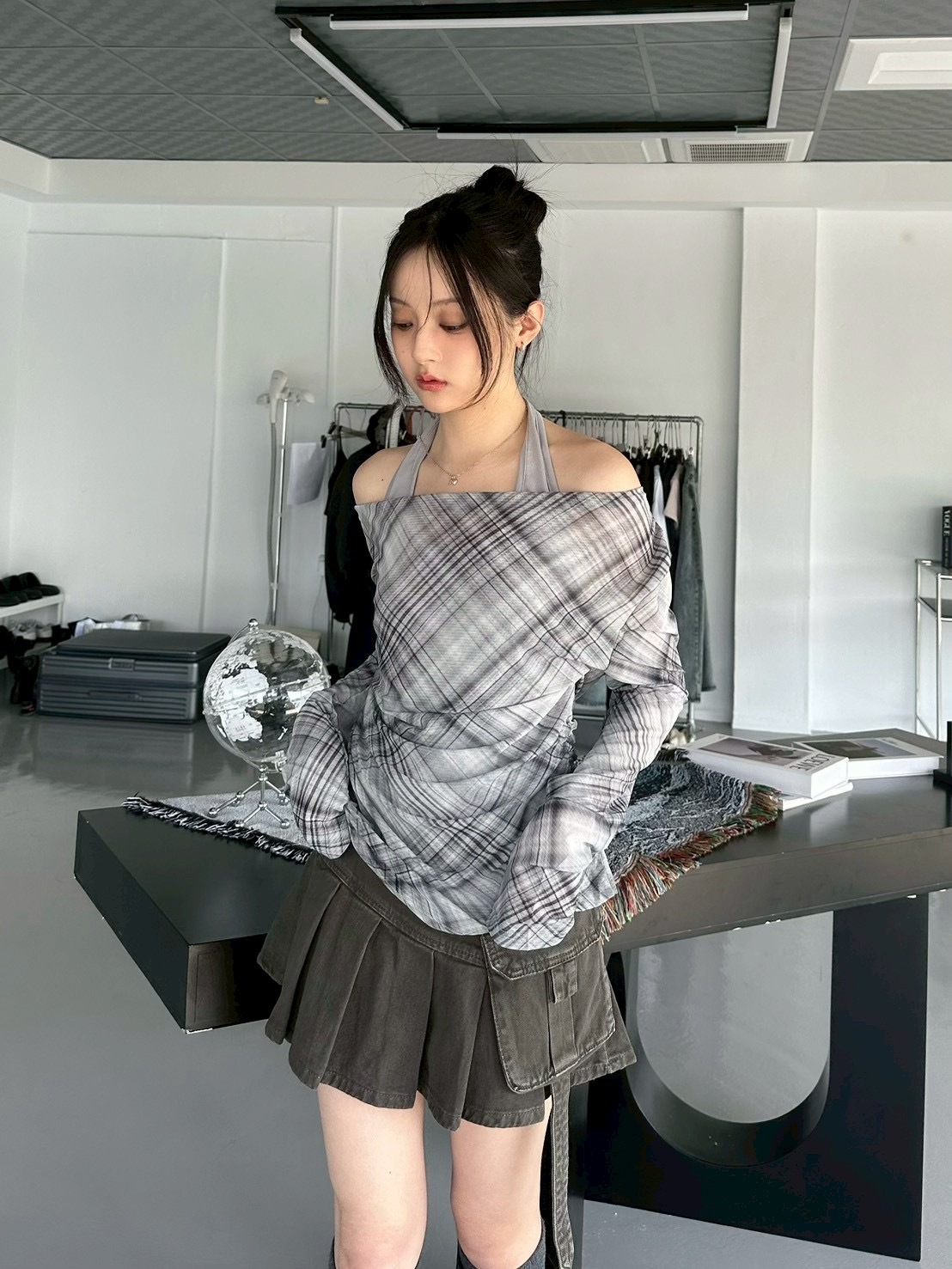 mmb假兩件格紋網紗上衣