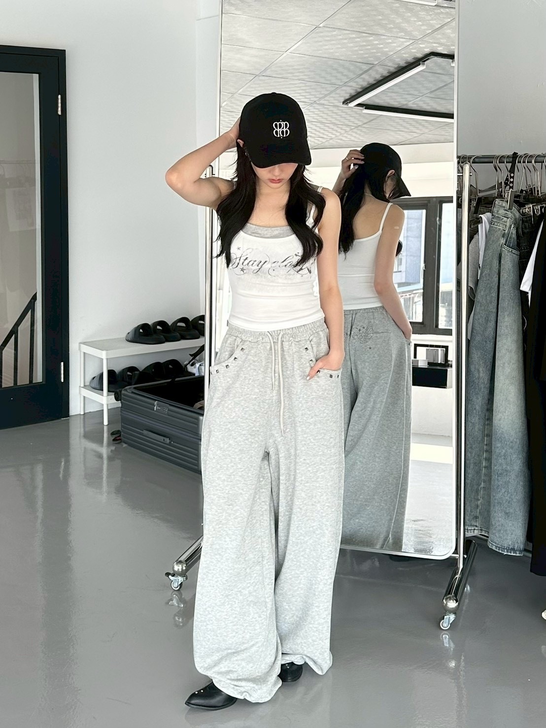 mmb燙鑽鉚釘褲腳抽繩棉褲