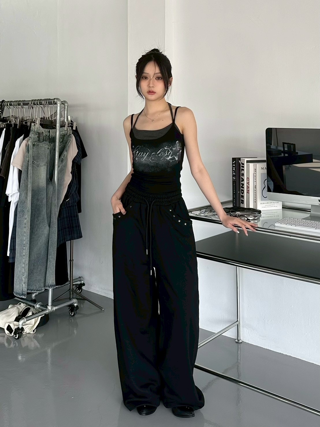 mmb燙鑽鉚釘褲腳抽繩棉褲