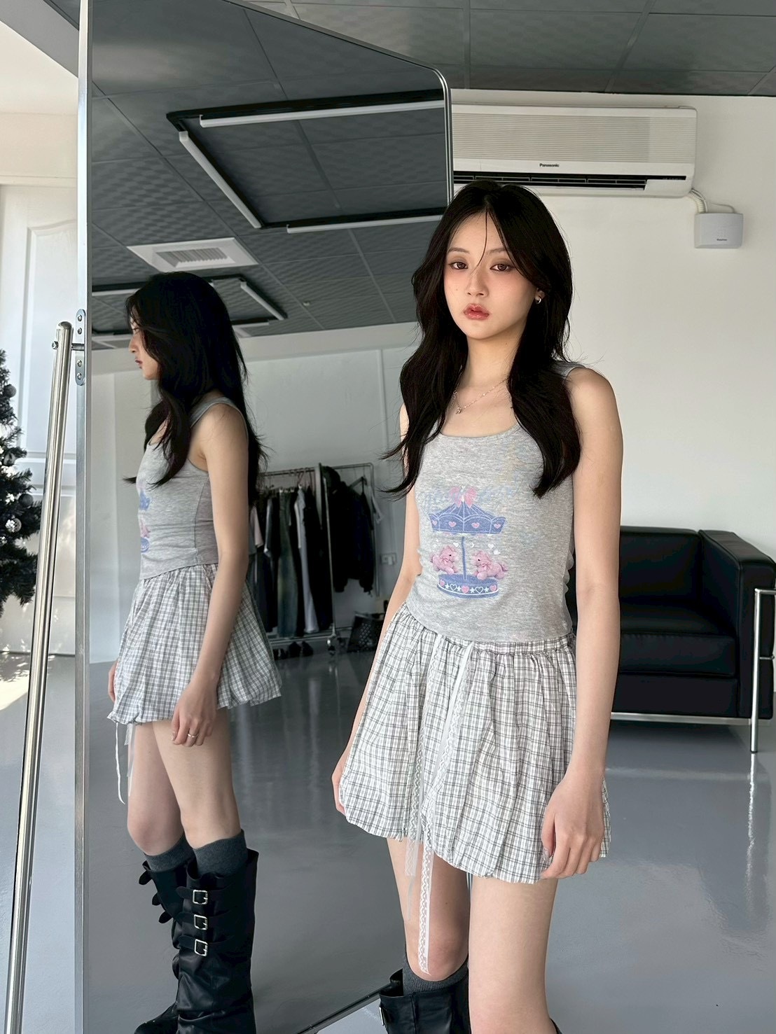 軟蓬感泡泡格紋花苞短裙