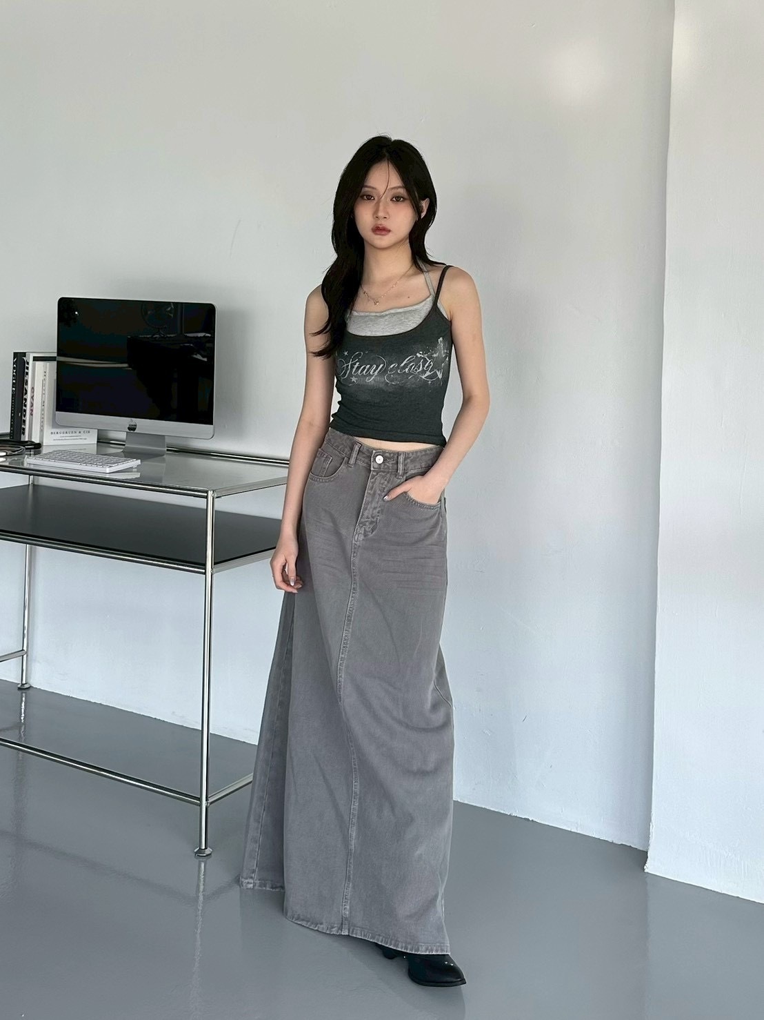 都會通勤傘擺單寧長裙