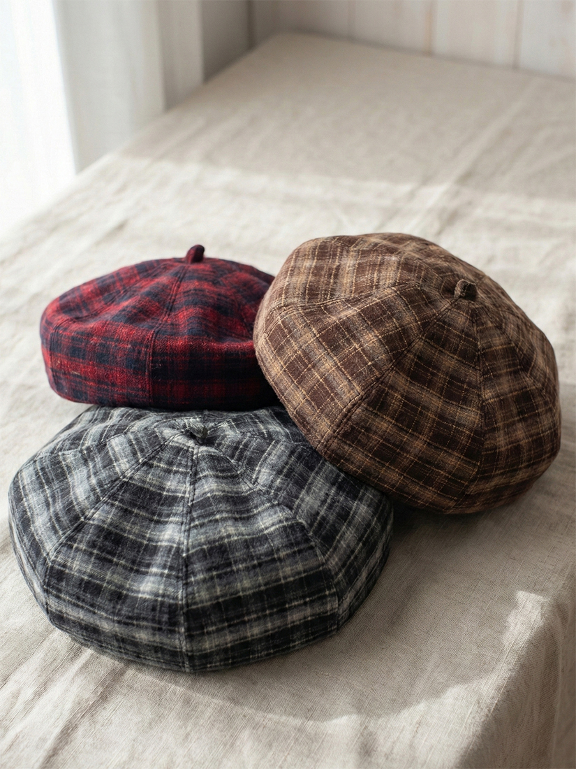 英倫復古法蘭絨格紋貝蕾帽