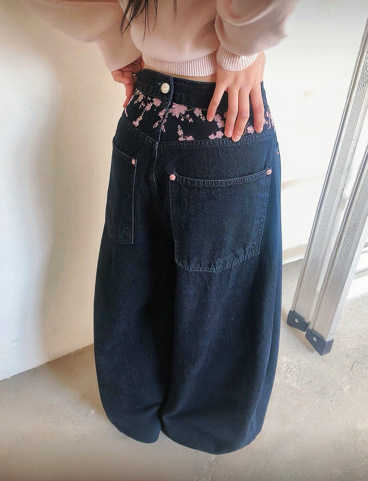 [超美🌸] 櫻花刺繡闊腳牛仔褲