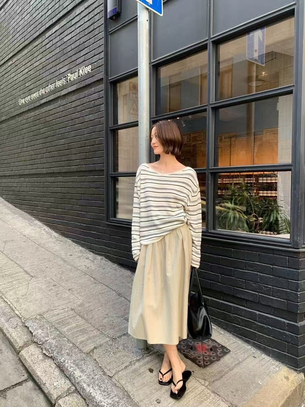 100 慵懶肌理條紋長袖針織衫