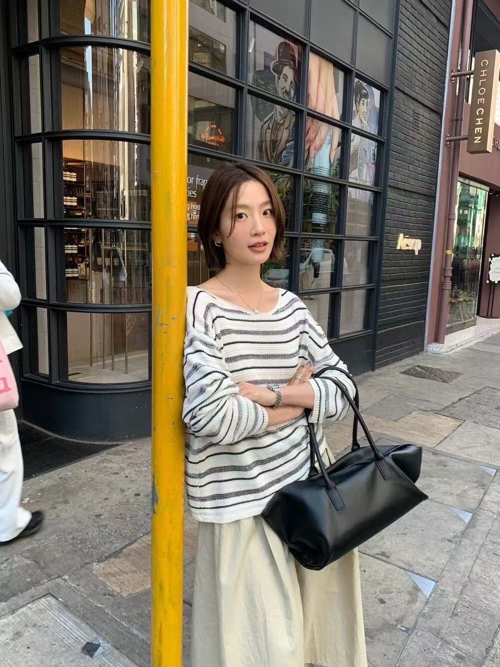 100 慵懶肌理條紋長袖針織衫