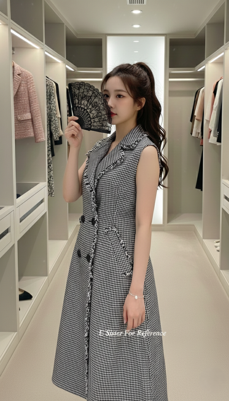 法式經典千鳥格雙排扣西裝領背心洋裝 (C354)