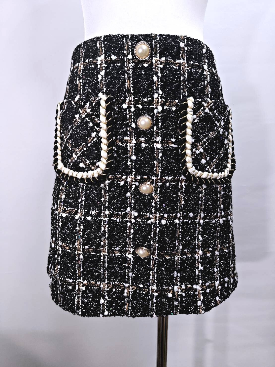 法式小香風珍珠排釦粗花呢半身裙 (C355)