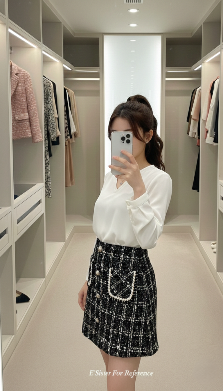 法式小香風珍珠排釦粗花呢半身裙 (C355)