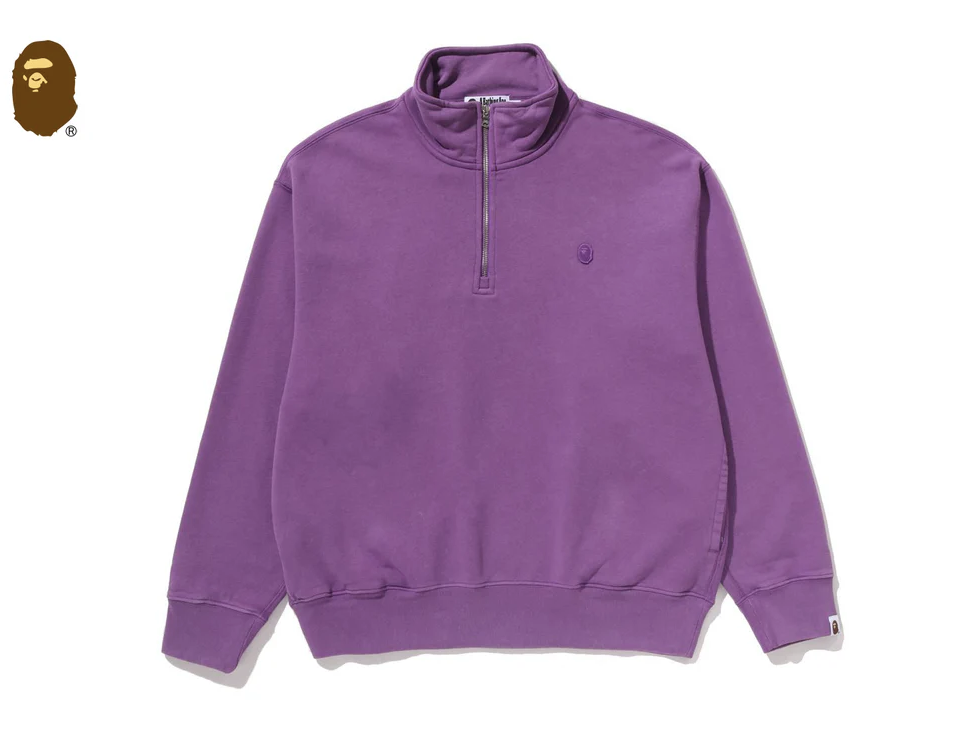 【BAPE男生】0221 發售 寬版GARMENT DYE ONE POINT HALF ZIP RELAXED FIT CREWNECK SWEATSHIRT