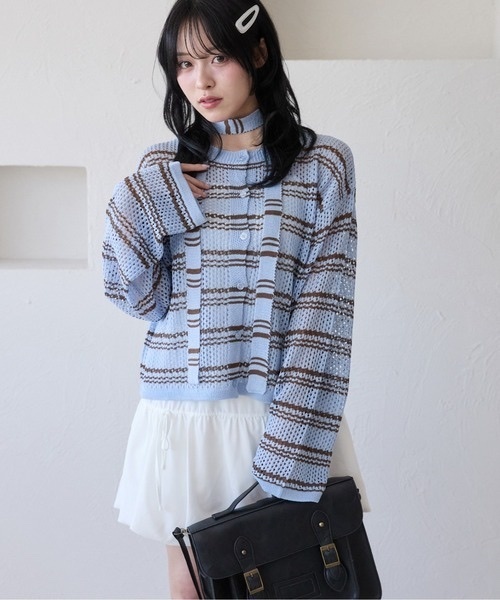 Kutir / 2-way openwork striped cardigan