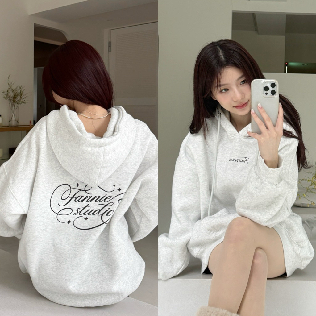 自訂款2.0花體字"FANNIE小標"厚磅刷毛Over size帽Tee(5色)