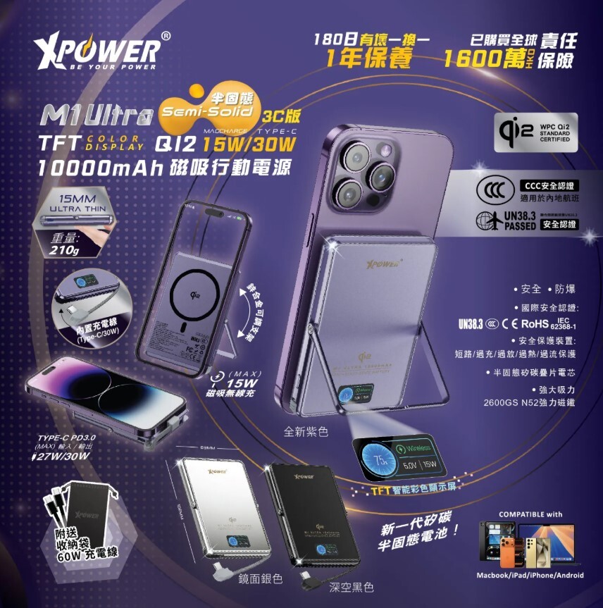(3C認證)XPower M1 Ultra半固態3C版TFT 彩屏顯示 QI2 Magcharge 10000mAh磁吸行動電源