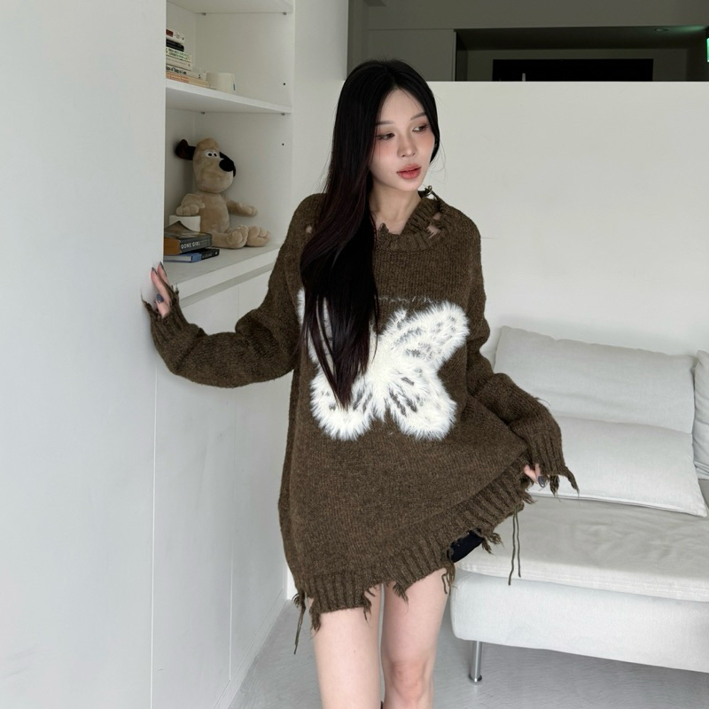 Butterfly Dream♡長版露肩蝴蝶長袖毛衣(2色)