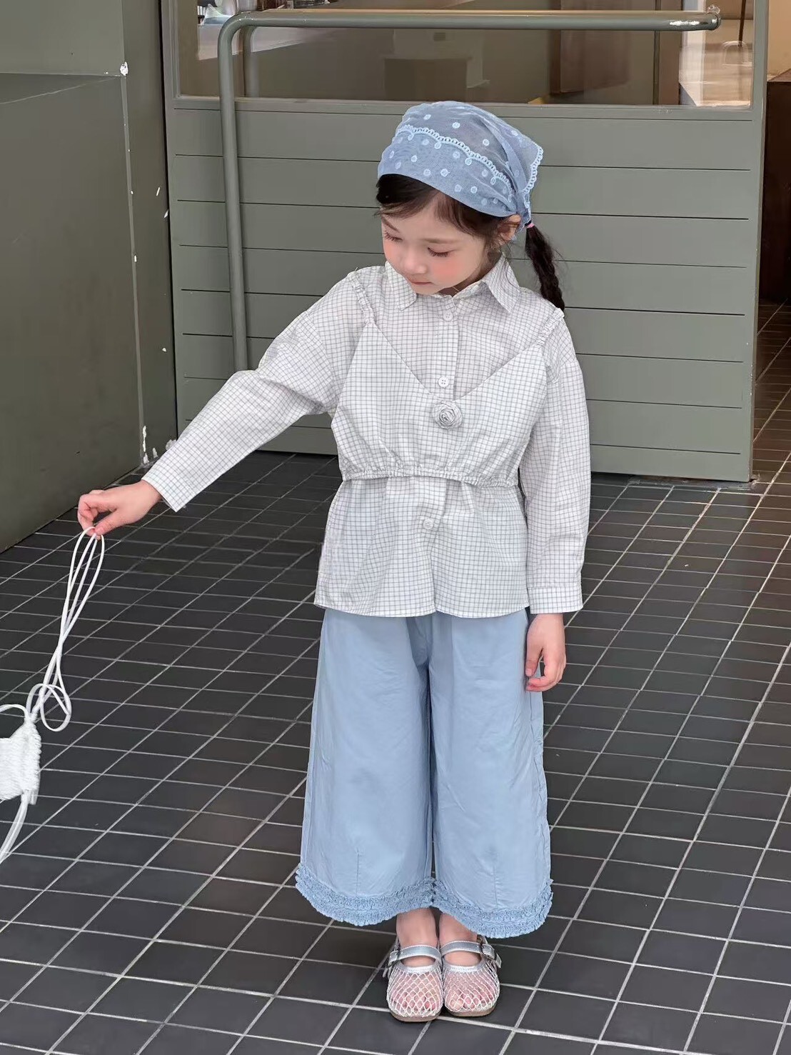 日系水藍立體花邊寬褲