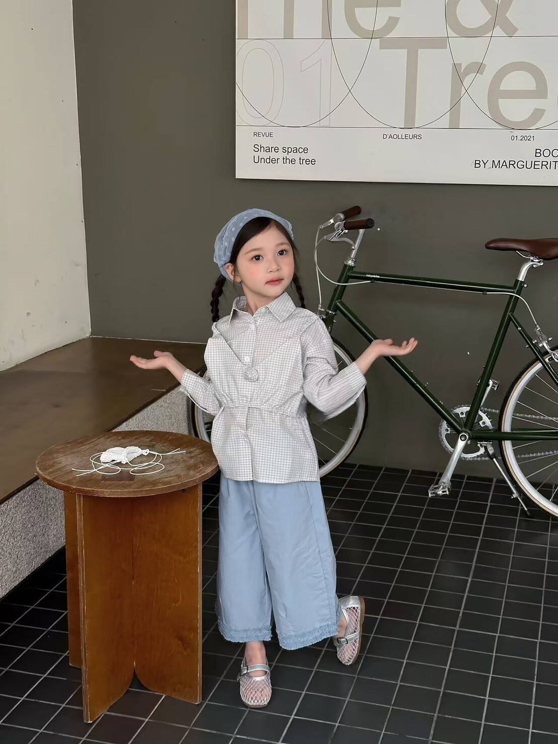 日系水藍立體花邊寬褲