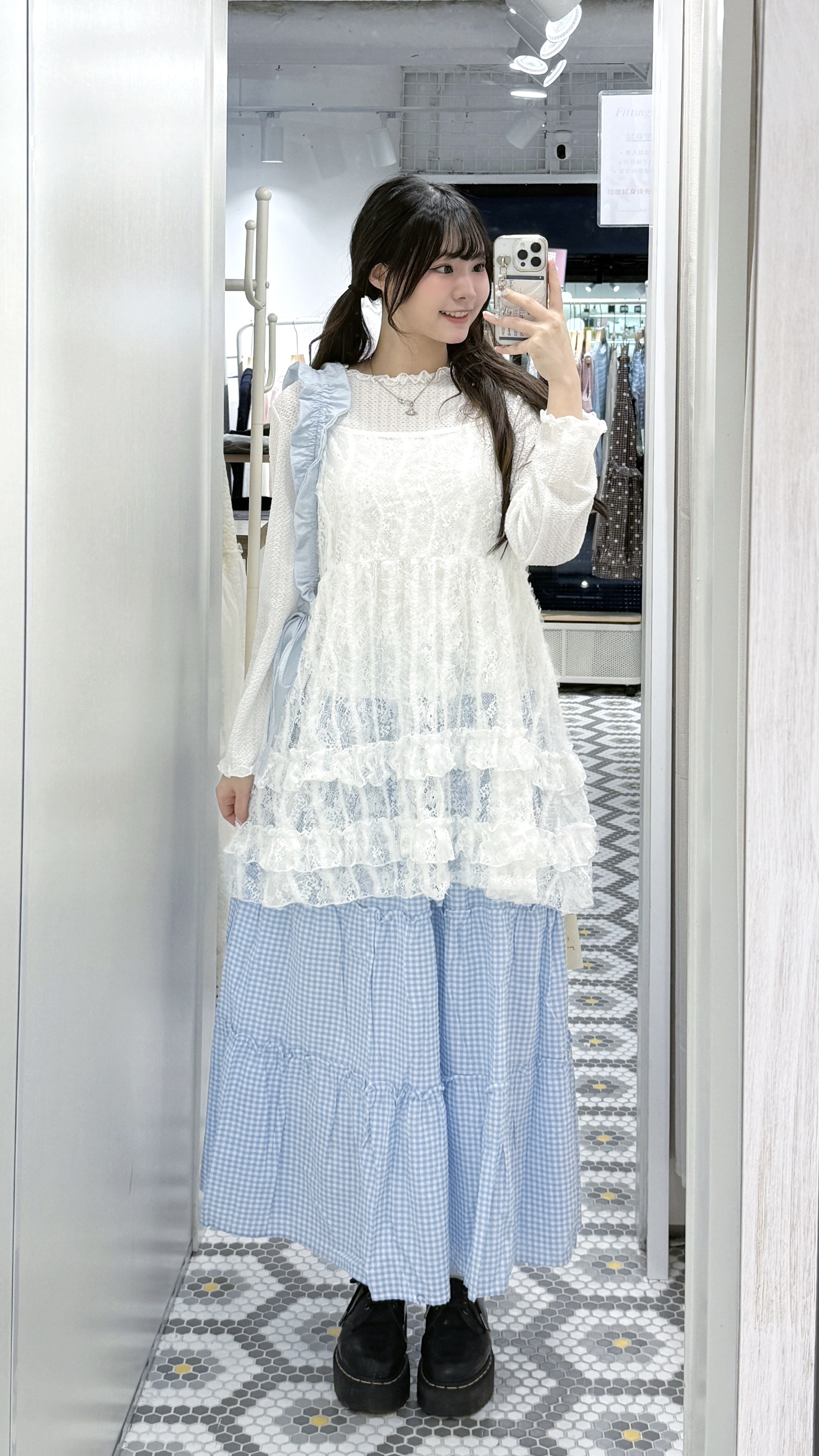 D0515｜雲朵藍色格仔ruffle邊蛋糕裙ଓ ๋ ☁️⊹ ࣭