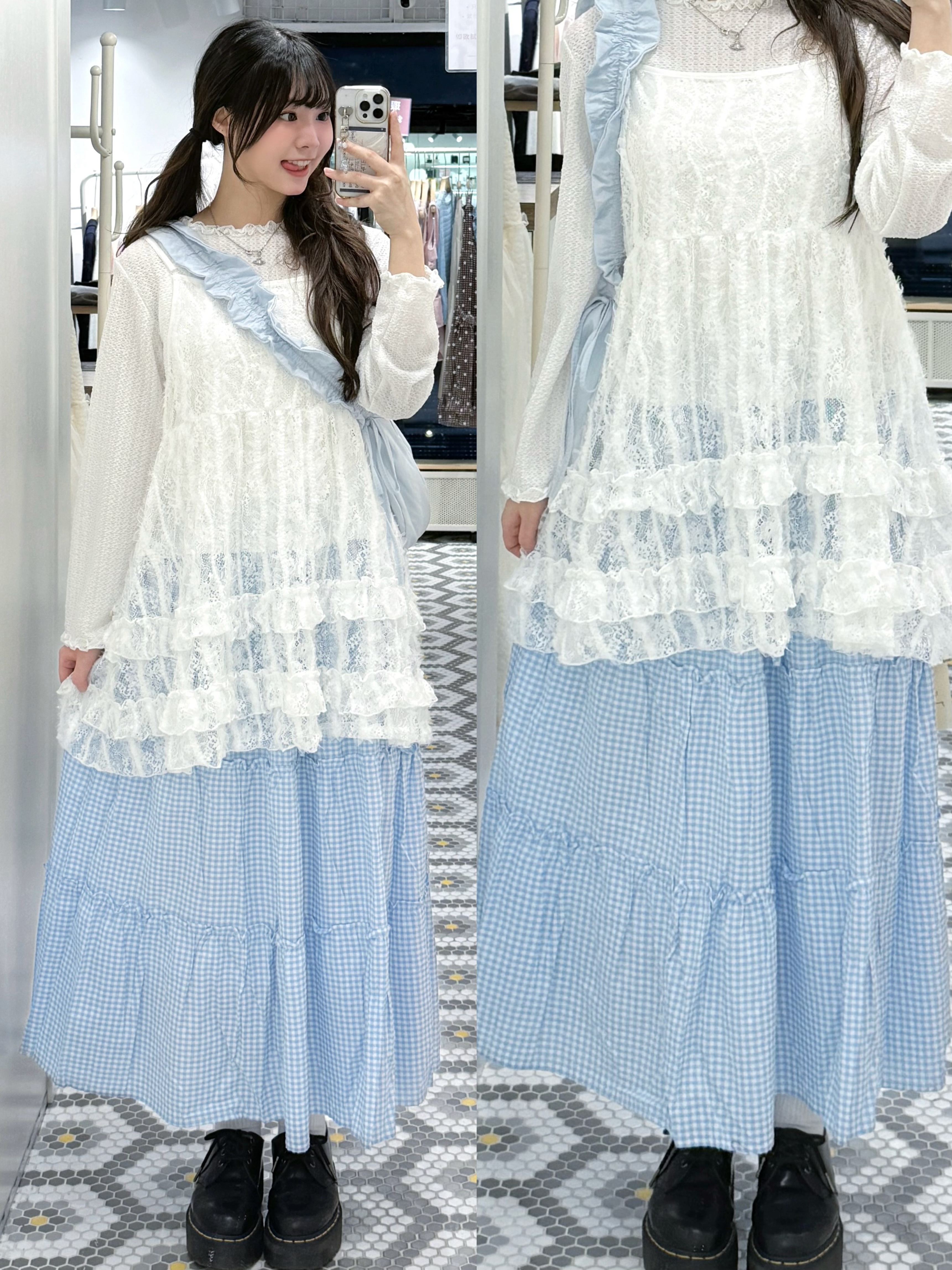 D0515｜雲朵藍色格仔ruffle邊蛋糕裙ଓ ๋ ☁️⊹ ࣭