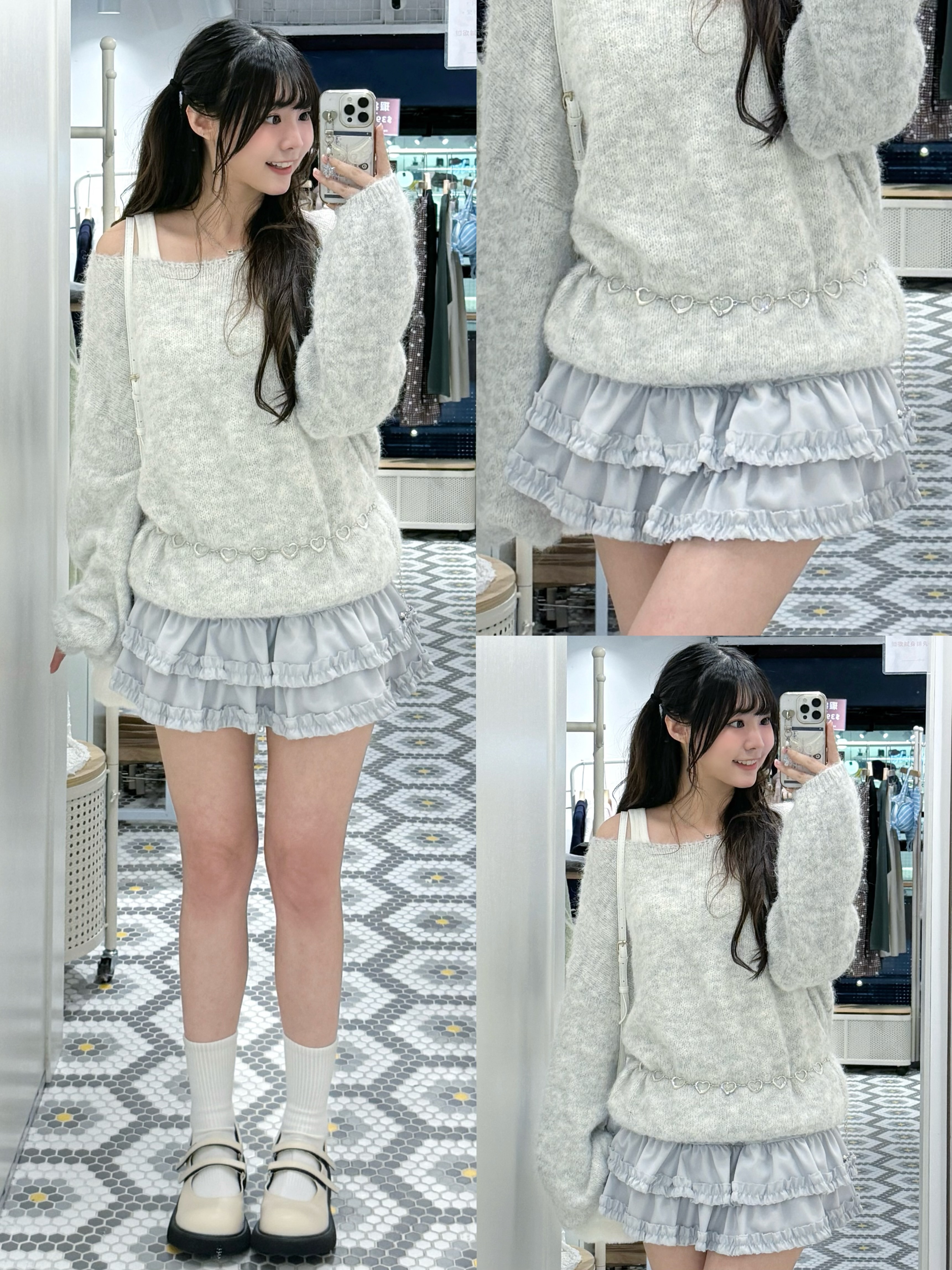 D0455｜可愛感滑滑料木耳邊三層短裙