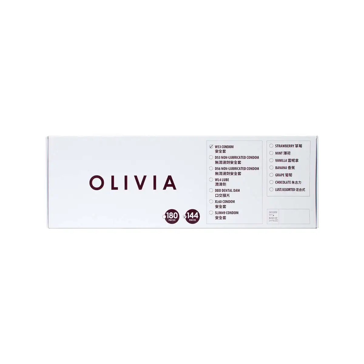 奧莉維亞 Olivia W53 系列最多潤滑劑型 乳膠安全套 144 片裝
