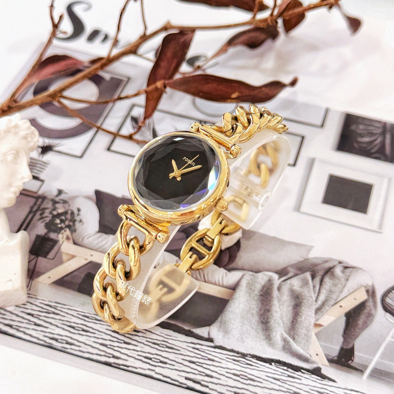 【FOSSIL】Carlie mini 優雅金 黑面手鍊式女錶ES5440 28mm 現代鐘錶