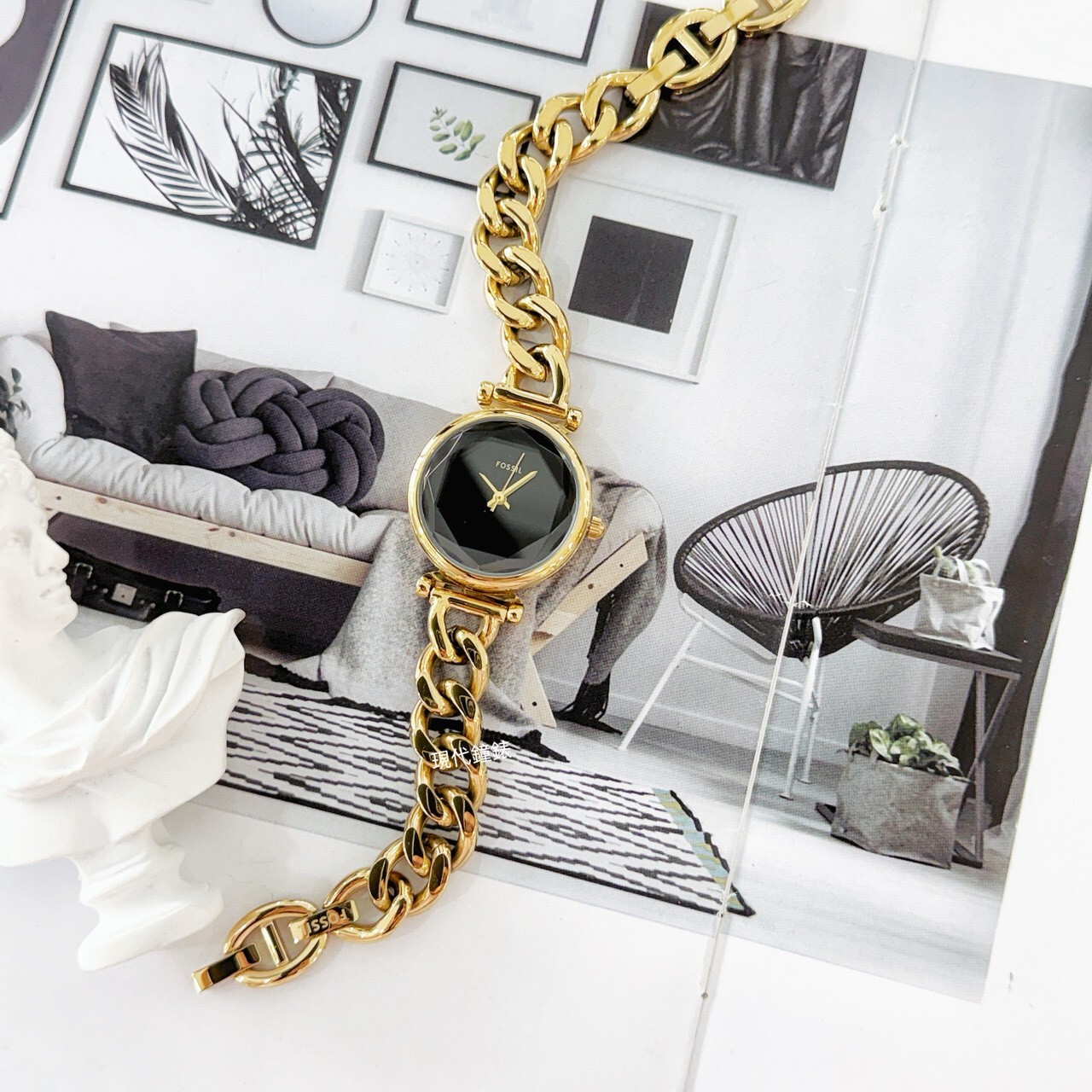 【FOSSIL】Carlie mini 優雅金 黑面手鍊式女錶ES5440 28mm 現代鐘錶