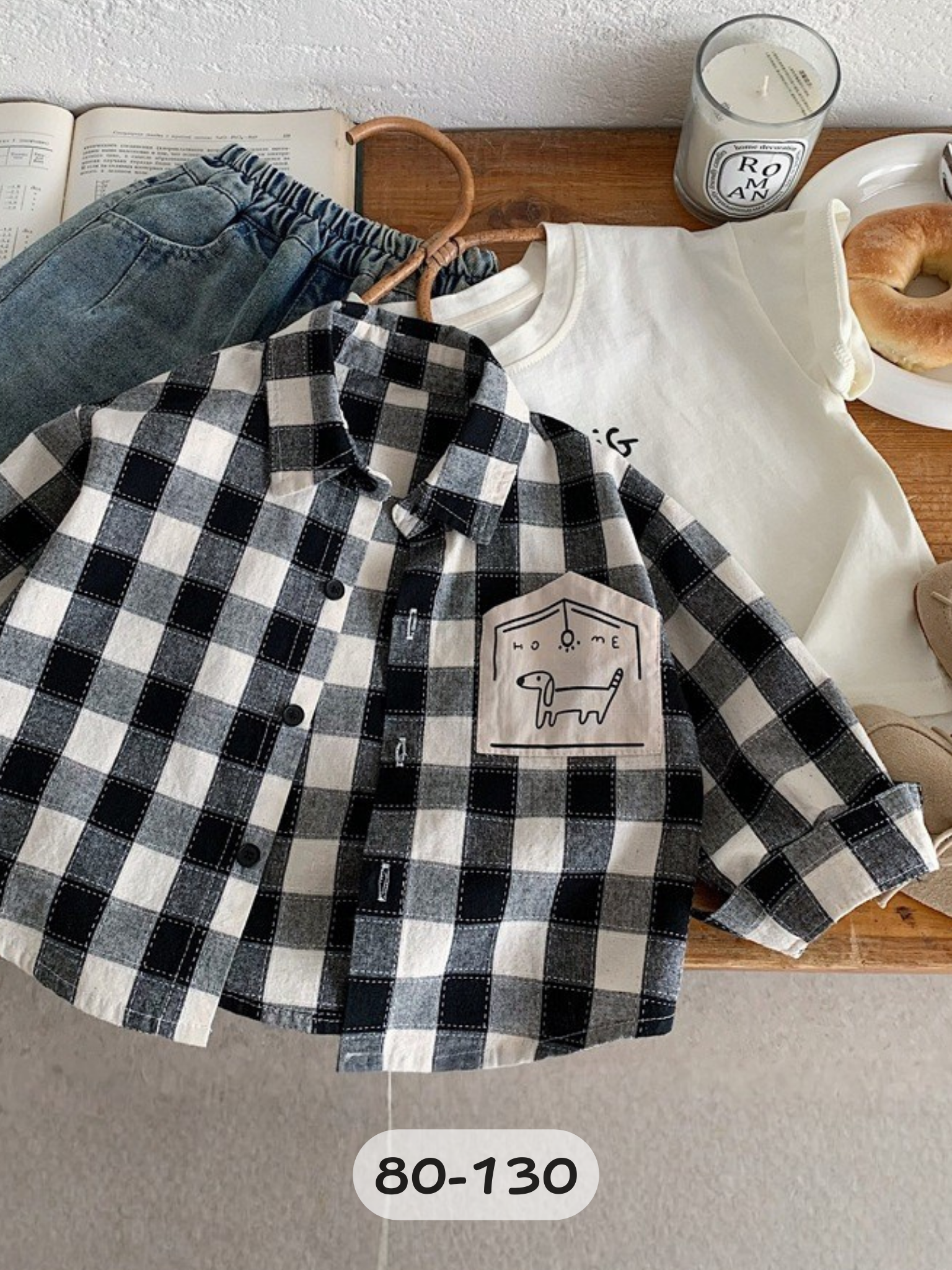 黑白大格狗狗屋 長袖上衣/襯衫