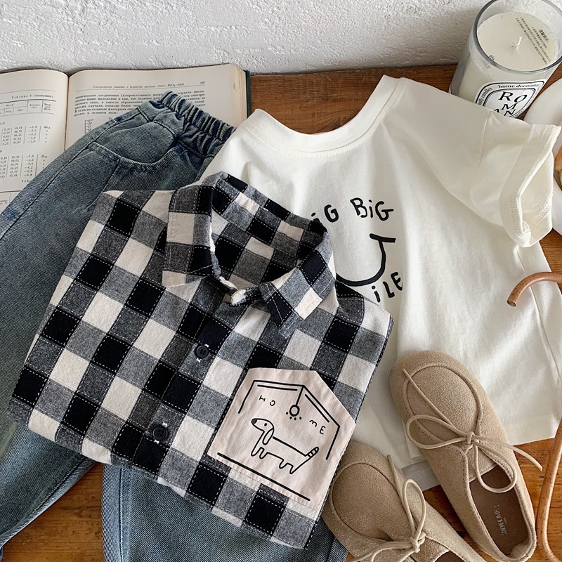 黑白大格狗狗屋 長袖上衣/襯衫