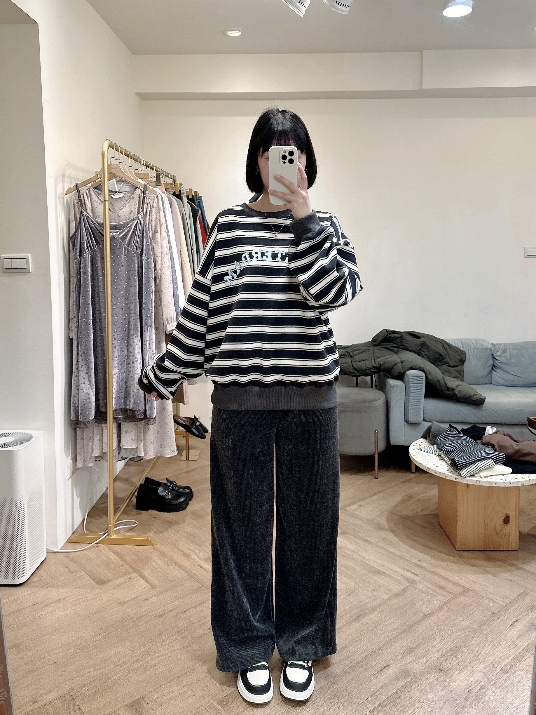 條紋內刷毛大學Tee