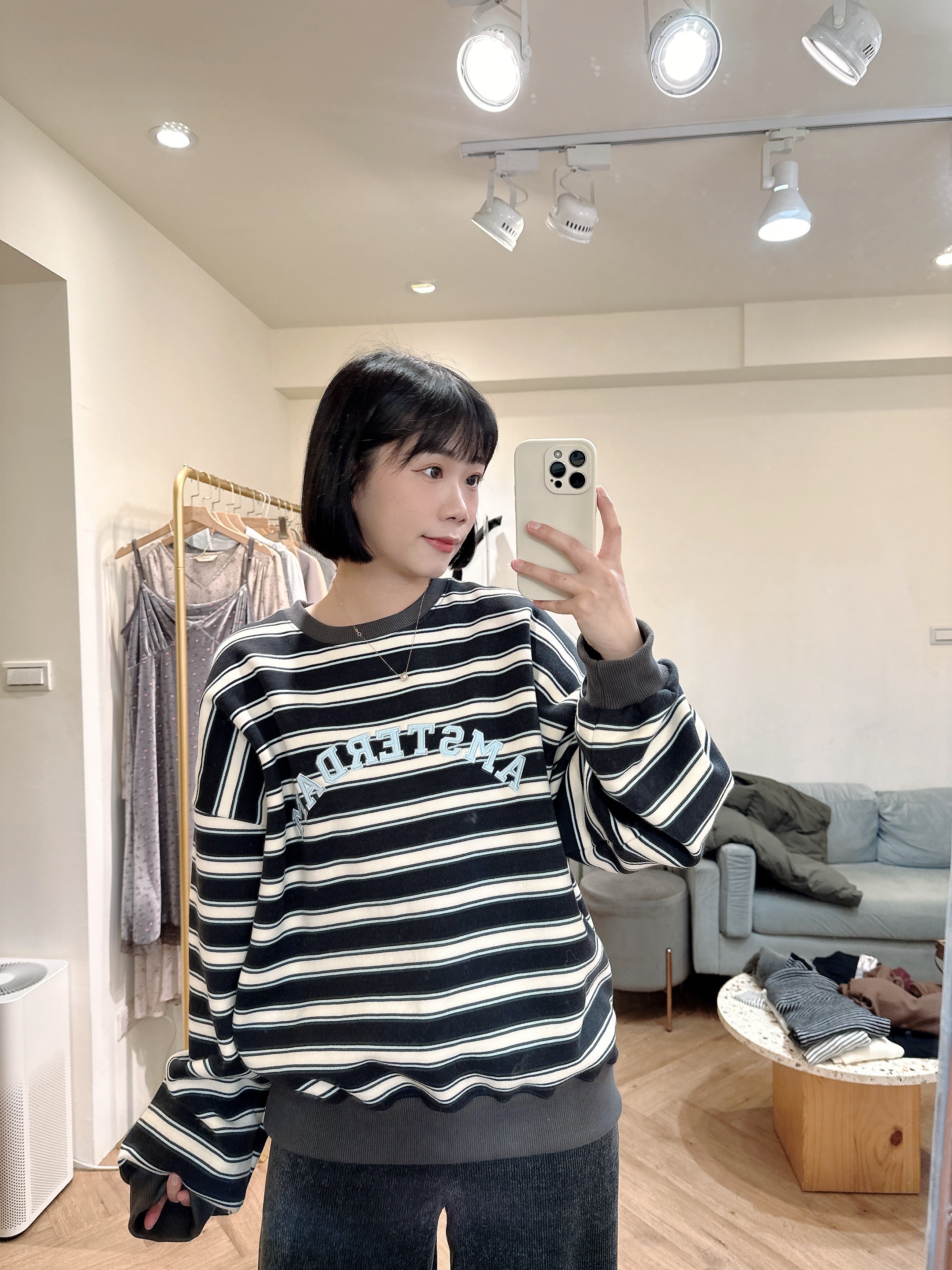 條紋內刷毛大學Tee