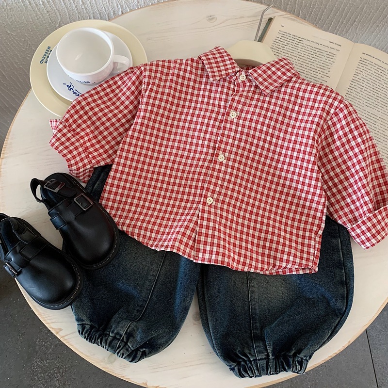 紅色格子 長袖上衣/襯衫