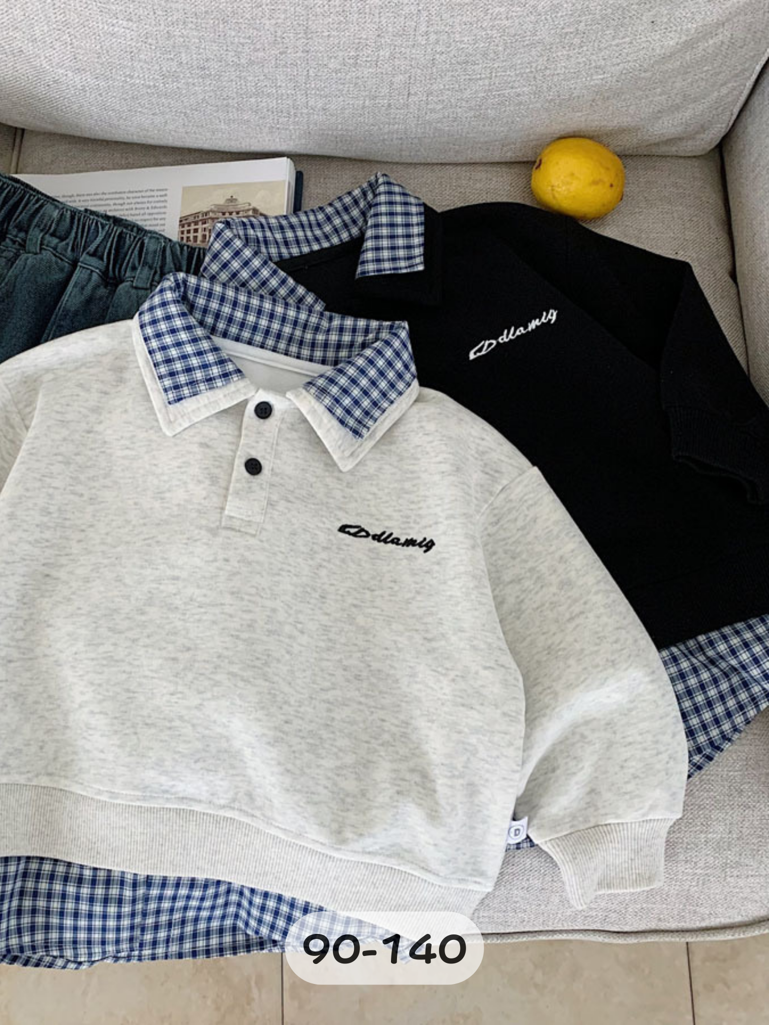 藍格雙領假兩件 長袖上衣