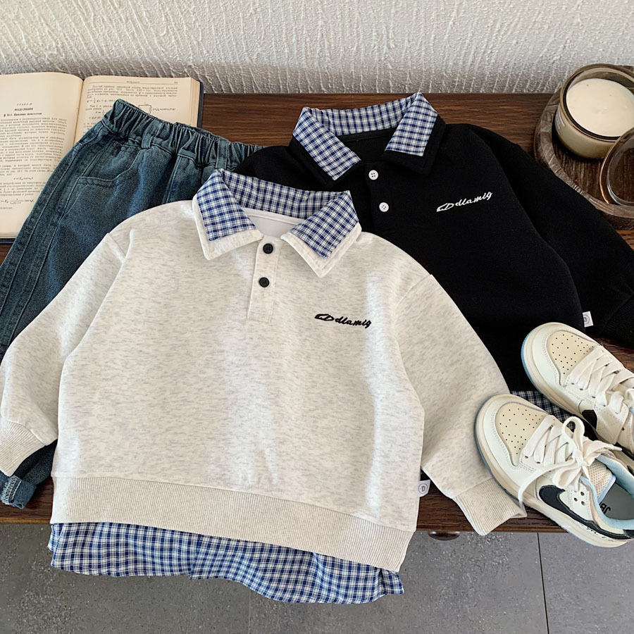 藍格雙領假兩件 長袖上衣